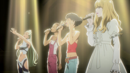 Cena do anime Carole & Tuesday com legendas em português e inglês.