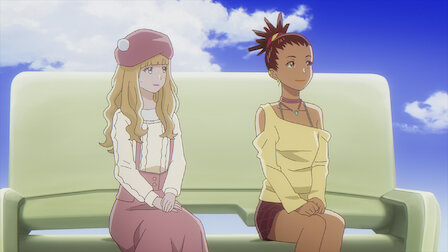 Cena do anime Carole & Tuesday com legendas em português e inglês.