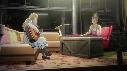 Cena do anime Carole & Tuesday com legendas em português e inglês.