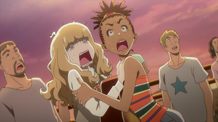 Cena do anime Carole & Tuesday com legendas em português e inglês.